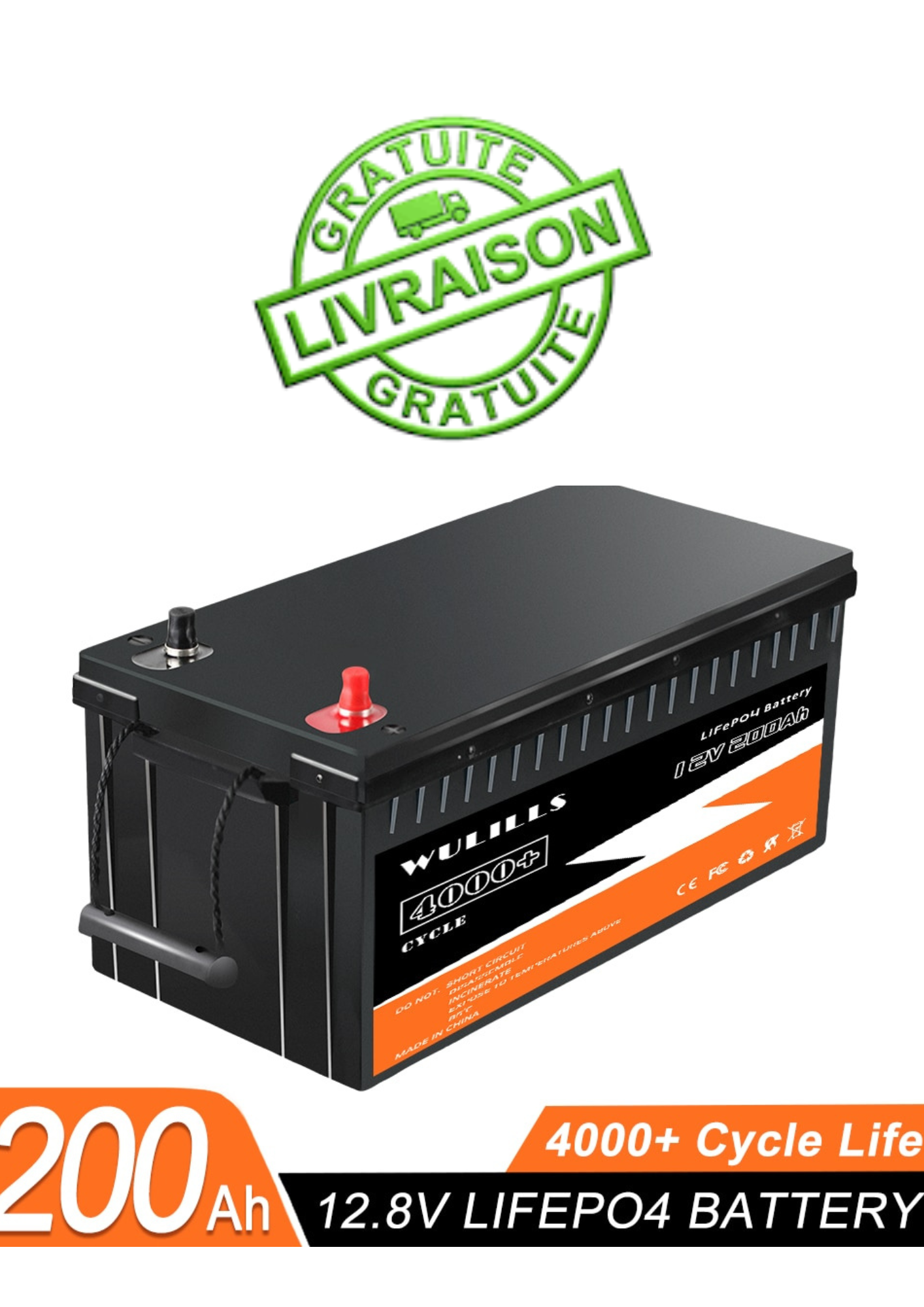 12V 200Ah LiFePO4 Battery with Built-in BMS for Solar Power System and Motorhome (RV)
