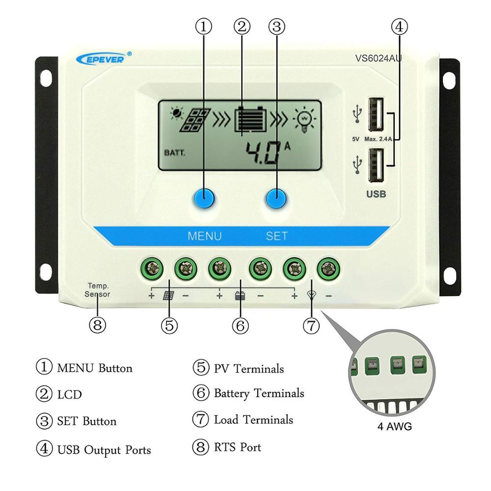 Epever solar charger controller with LCD display and dual USB.