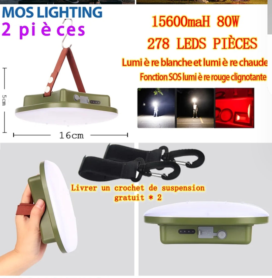 Ultra-powerful and USB rechargeable 15600 mAh, 80 W LED camping light.