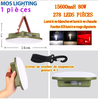 Ultra-powerful and USB rechargeable 15600 mAh, 80 W LED camping light.