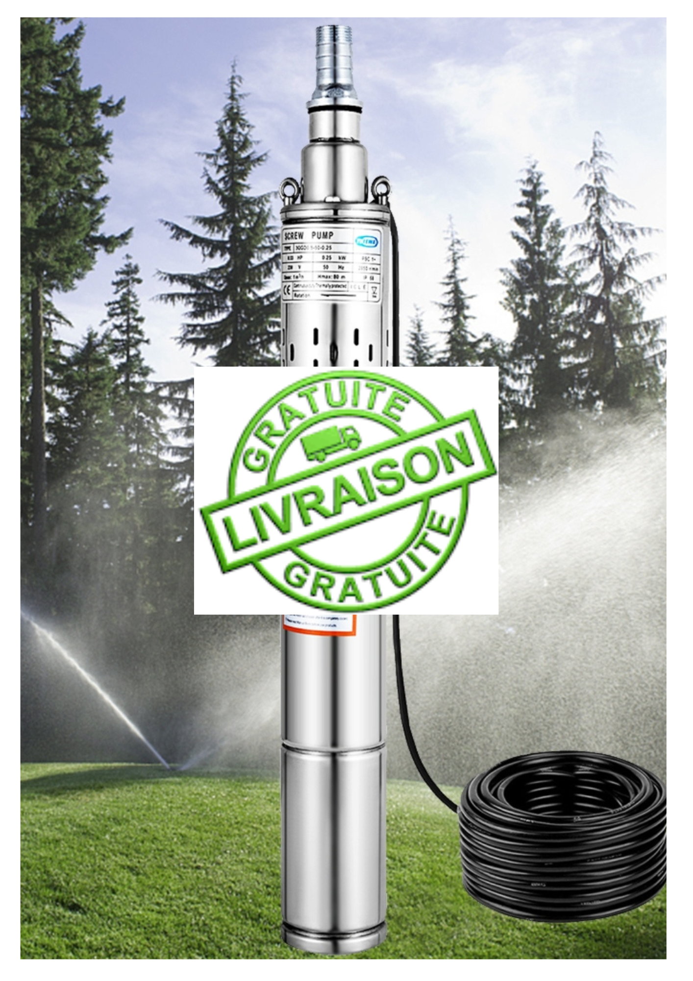 Stainless steel submersible pump for irrigation and water supply.