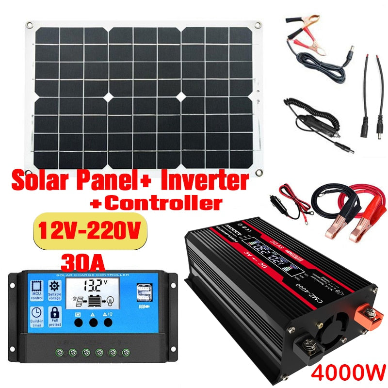 Kit de panneaux solaires avec contrôleur de charge et onduleur.