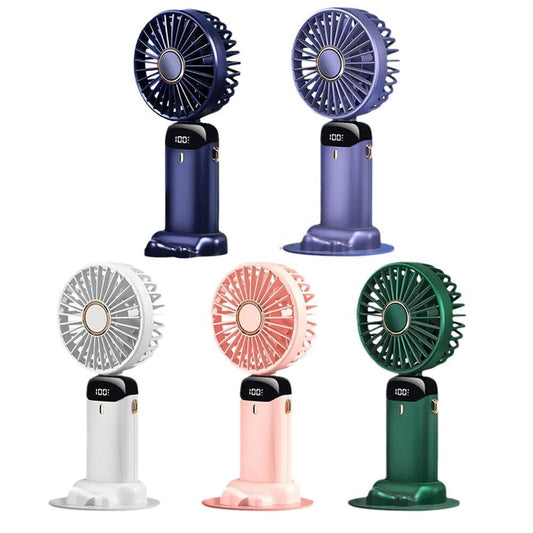 Dual head portable desk fan with 3000mAh battery and neck strap.
