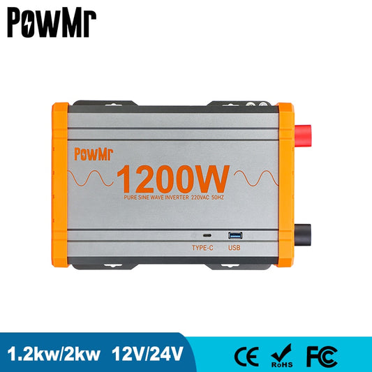 Onduleur solaire PowMr - Onde sinusoïdale pure 12V 24V 220V, 1Kw 2Kw, charge rapide 3.0, Port USB type C